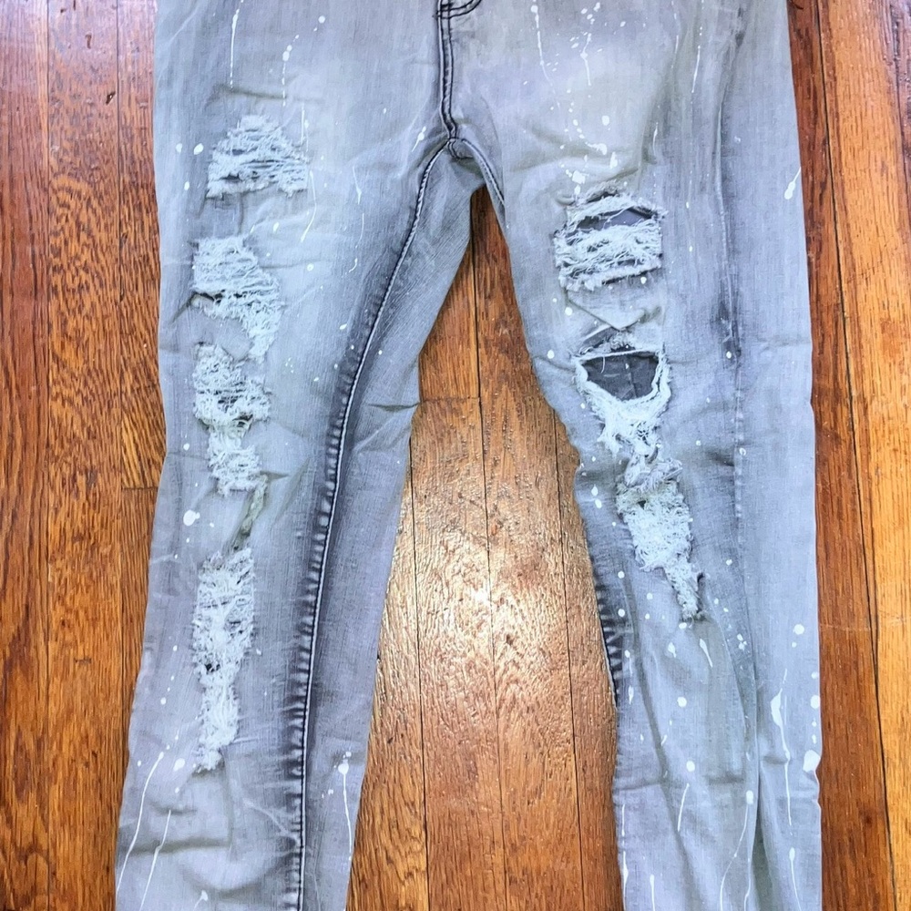 Distressed Gray Jeans with Paint Splatter